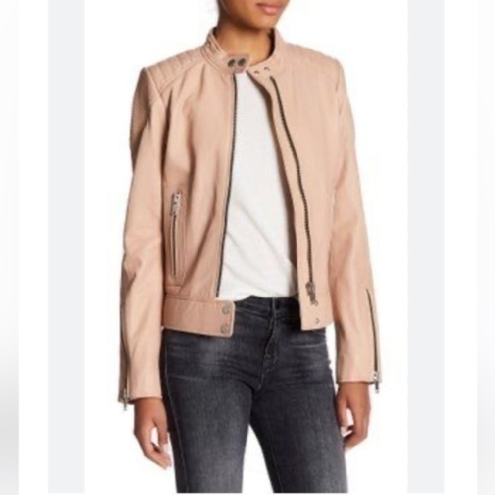 7 For All Mankind Leather Beige Moto Style Jacket Size Small